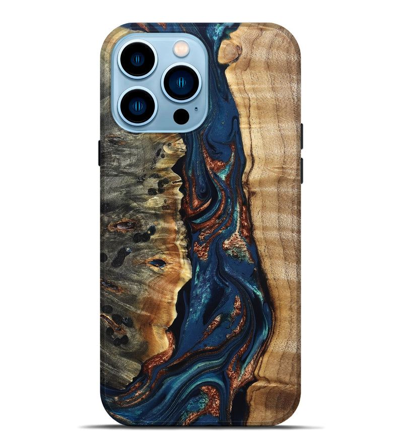 iPhone 14 Pro Max Wood Live Edge Phone Case - Noelle (Teal & Gold, 823740)