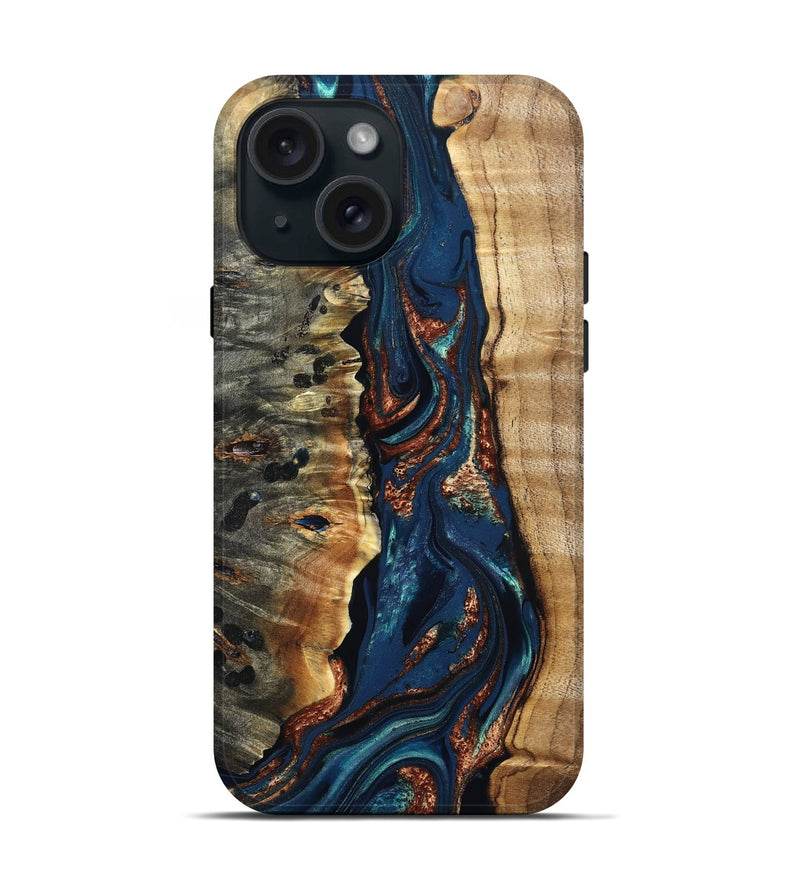 iPhone 15 Wood Live Edge Phone Case - Noelle (Teal & Gold, 823740)