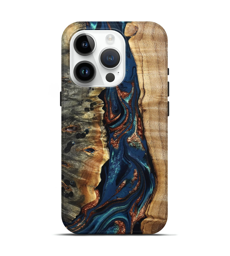 iPhone 15 Pro Wood Live Edge Phone Case - Noelle (Teal & Gold, 823740)