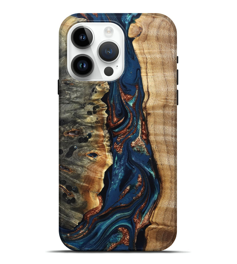 iPhone 15 Pro Max Wood Live Edge Phone Case - Noelle (Teal & Gold, 823740)