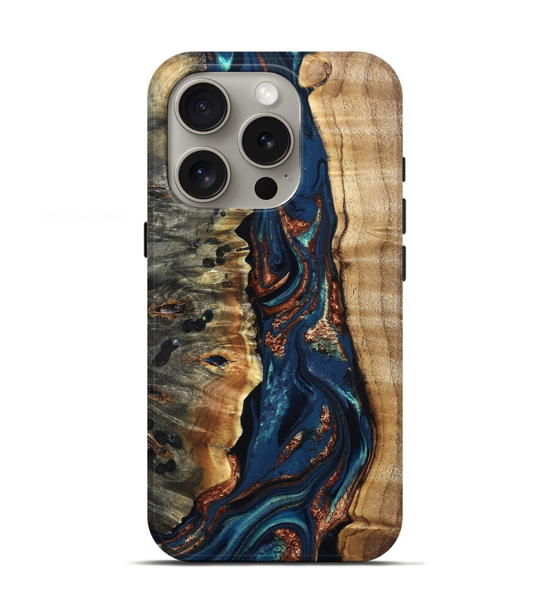 iPhone 16 Pro Wood Live Edge Phone Case - Noelle (Teal & Gold, 823740)