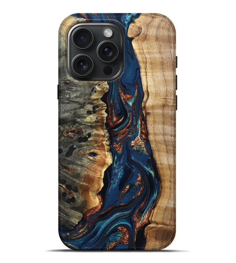 iPhone 16 Pro Max Wood Live Edge Phone Case - Noelle (Teal & Gold, 823740)