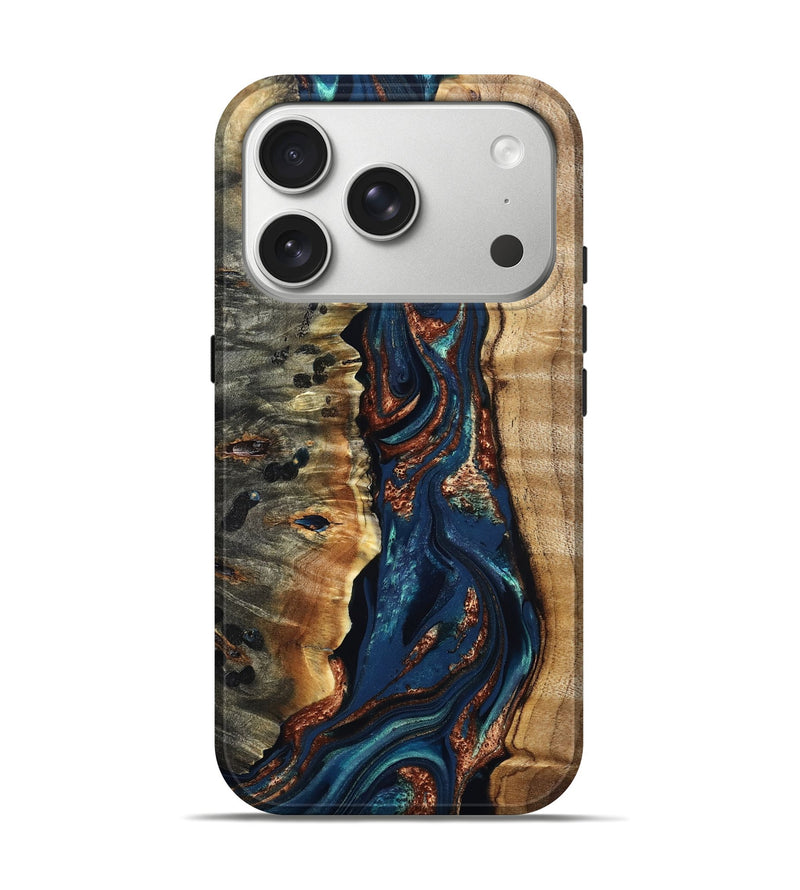 iPhone 17 Pro Wood Live Edge Phone Case - Noelle (Teal & Gold, 823740)