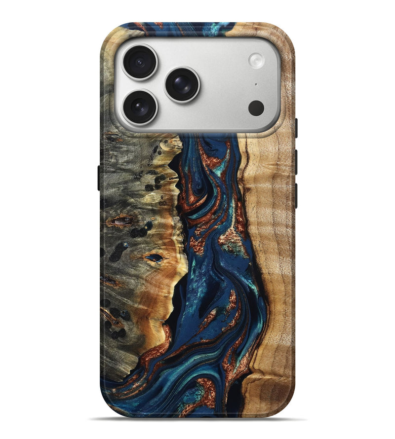 iPhone 17 Pro Max Wood Live Edge Phone Case - Noelle (Teal & Gold, 823740)