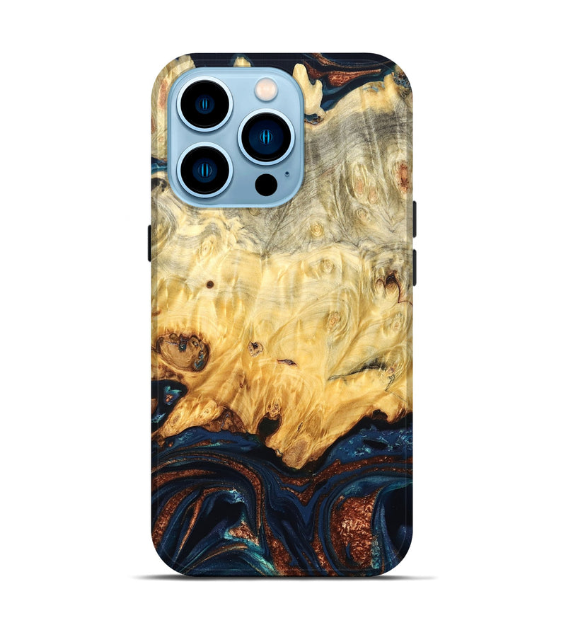 iPhone 14 Pro Wood Live Edge Phone Case - Hildred (Teal & Gold, 823741)