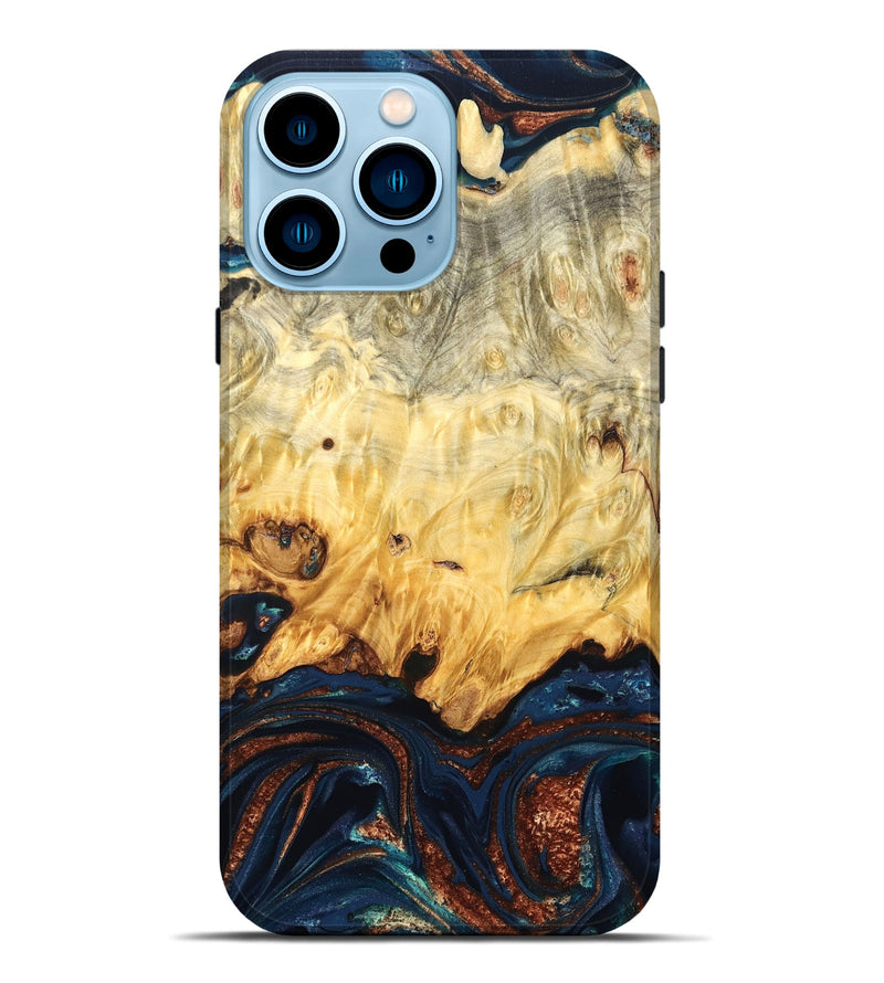 iPhone 14 Pro Max Wood Live Edge Phone Case - Hildred (Teal & Gold, 823741)