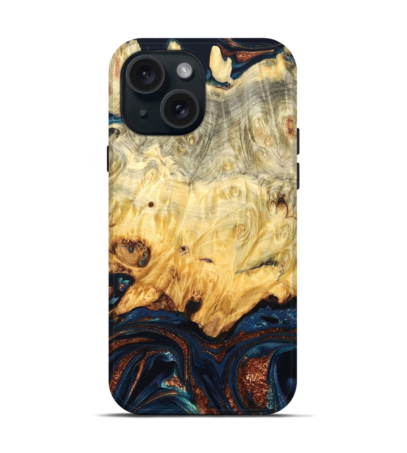 iPhone 15 Wood Live Edge Phone Case - Hildred (Teal & Gold, 823741)