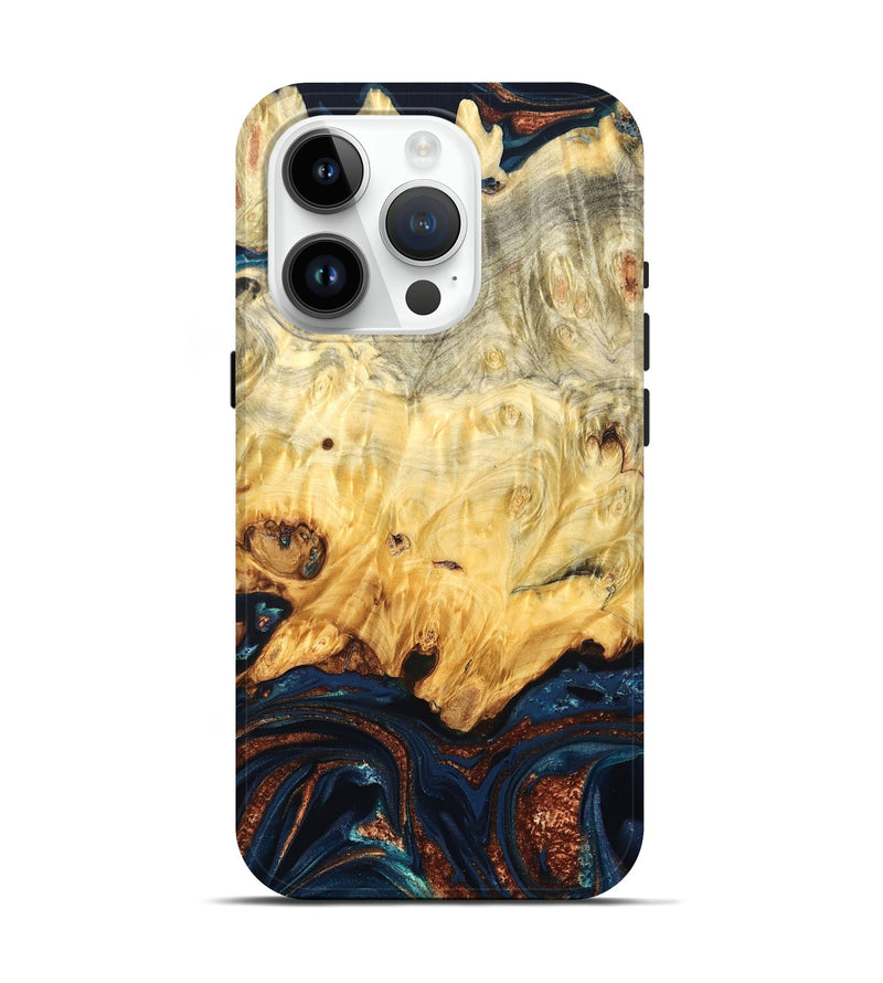 iPhone 15 Pro Wood Live Edge Phone Case - Hildred (Teal & Gold, 823741)