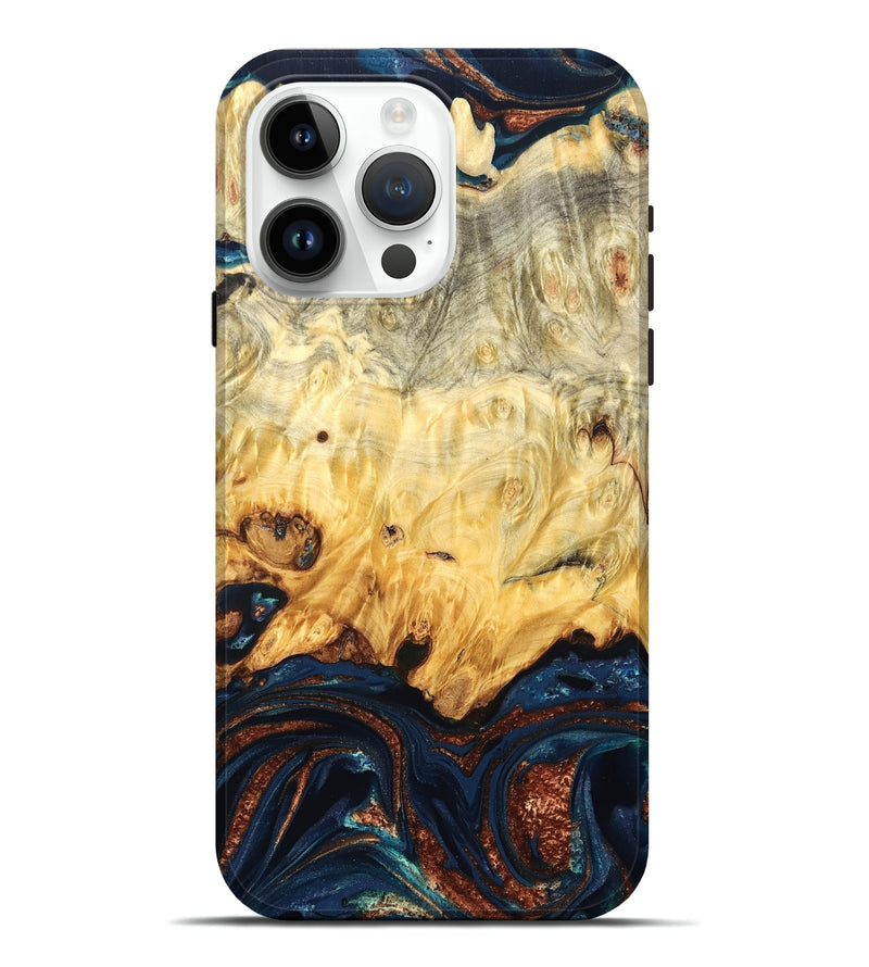 iPhone 15 Pro Max Wood Live Edge Phone Case - Hildred (Teal & Gold, 823741)