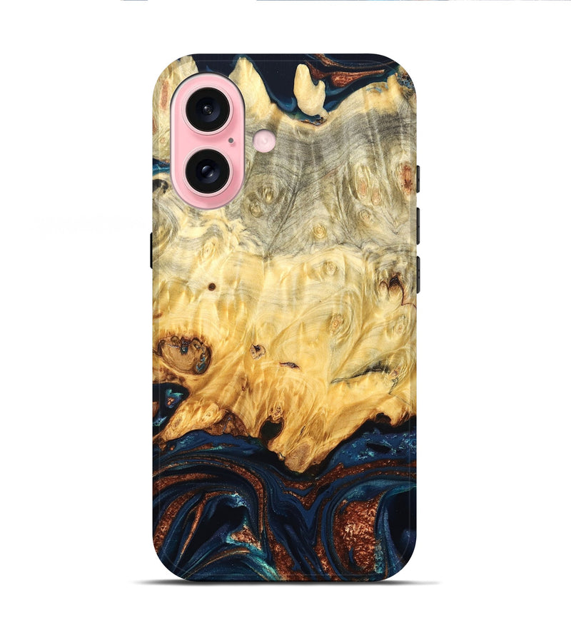iPhone 16 Wood Live Edge Phone Case - Hildred (Teal & Gold, 823741)