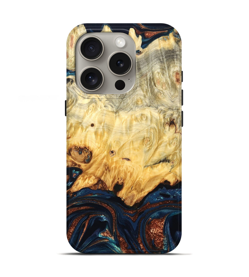 iPhone 16 Pro Wood Live Edge Phone Case - Hildred (Teal & Gold, 823741)