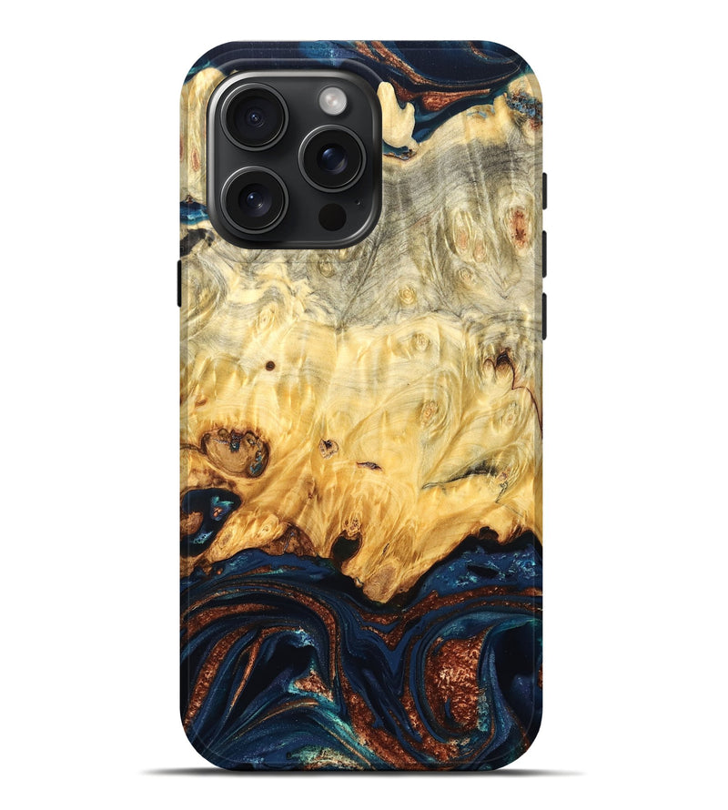 iPhone 16 Pro Max Wood Live Edge Phone Case - Hildred (Teal & Gold, 823741)