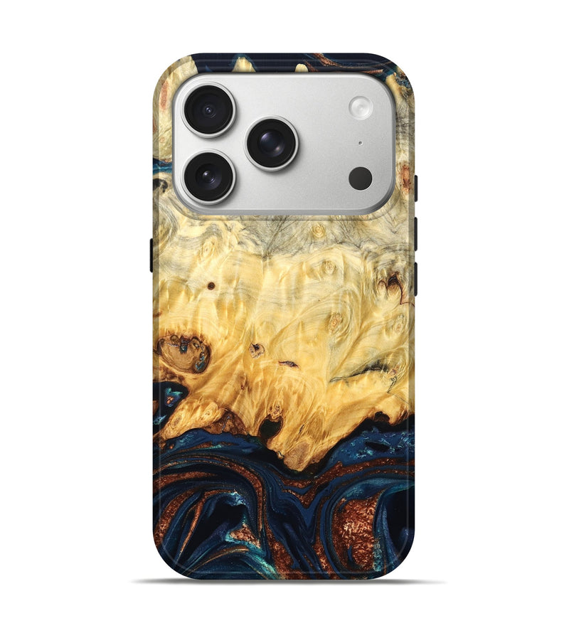 iPhone 17 Pro Wood Live Edge Phone Case - Hildred (Teal & Gold, 823741)