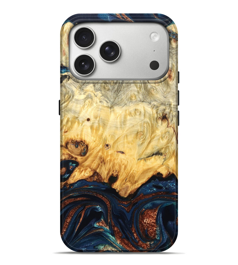 iPhone 17 Pro Max Wood Live Edge Phone Case - Hildred (Teal & Gold, 823741)