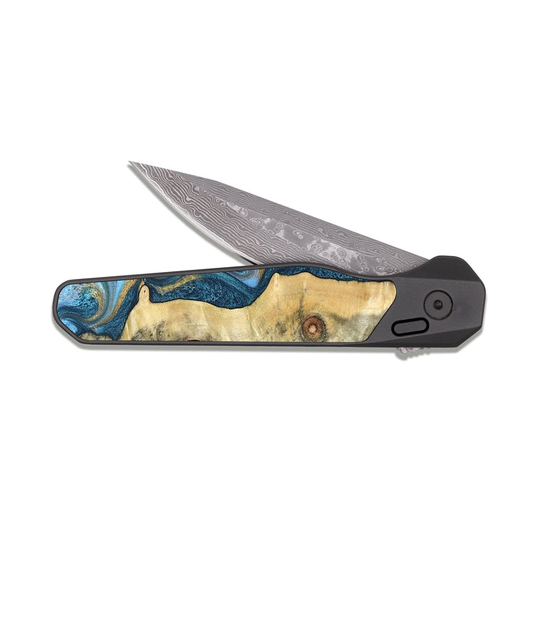 EDC Dark Damascus Wood Pocket Knife - Galilea (Teal & Gold, 823782)