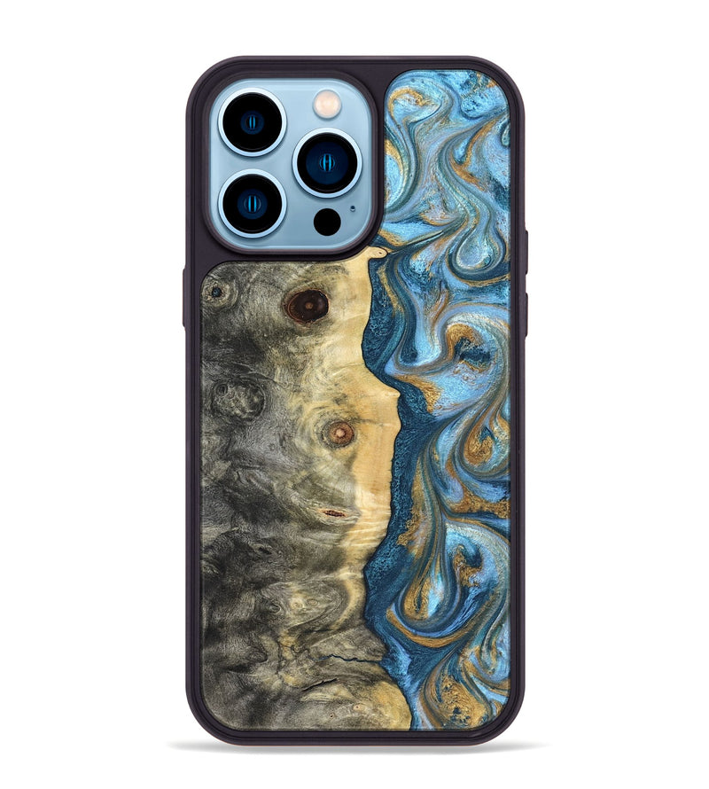 iPhone 14 Pro Max Wood Phone Case - Galilea (Teal & Gold, 823782)