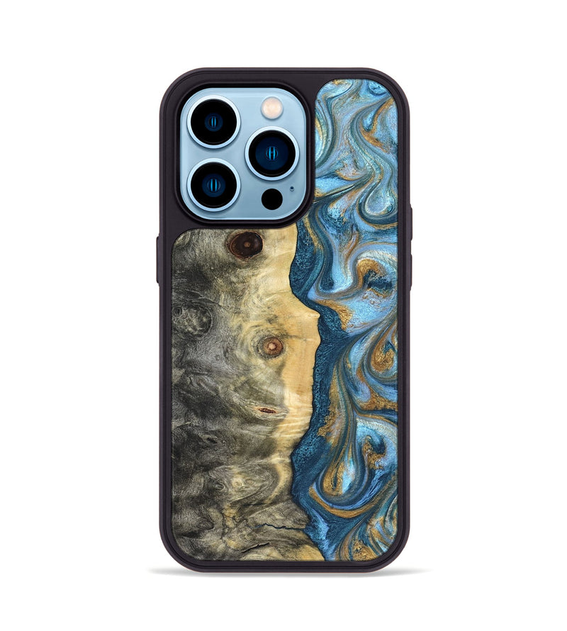 iPhone 14 Pro Wood Phone Case - Galilea (Teal & Gold, 823782)
