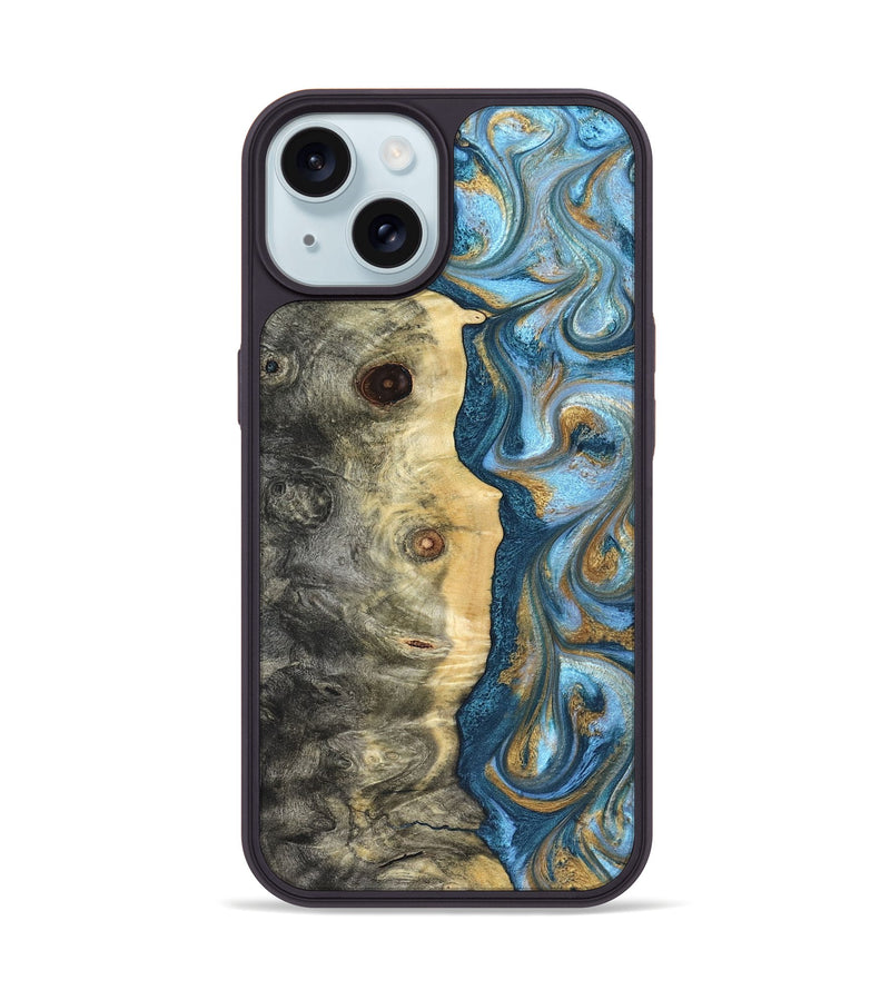 iPhone 15 Wood Phone Case - Galilea (Teal & Gold, 823782)