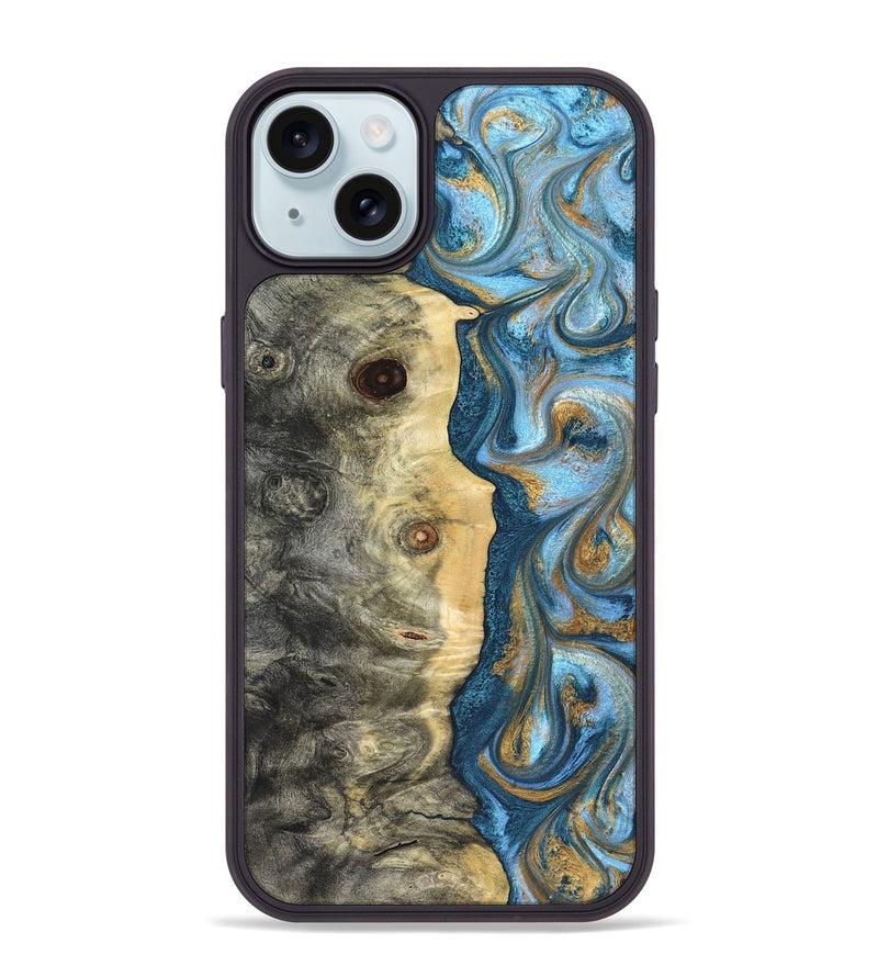 iPhone 15 Plus Wood Phone Case - Galilea (Teal & Gold, 823782)