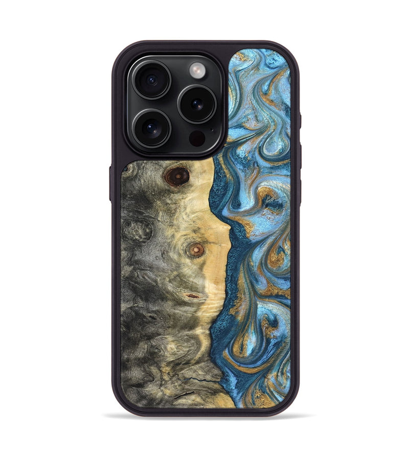 iPhone 15 Pro Wood Phone Case - Galilea (Teal & Gold, 823782)