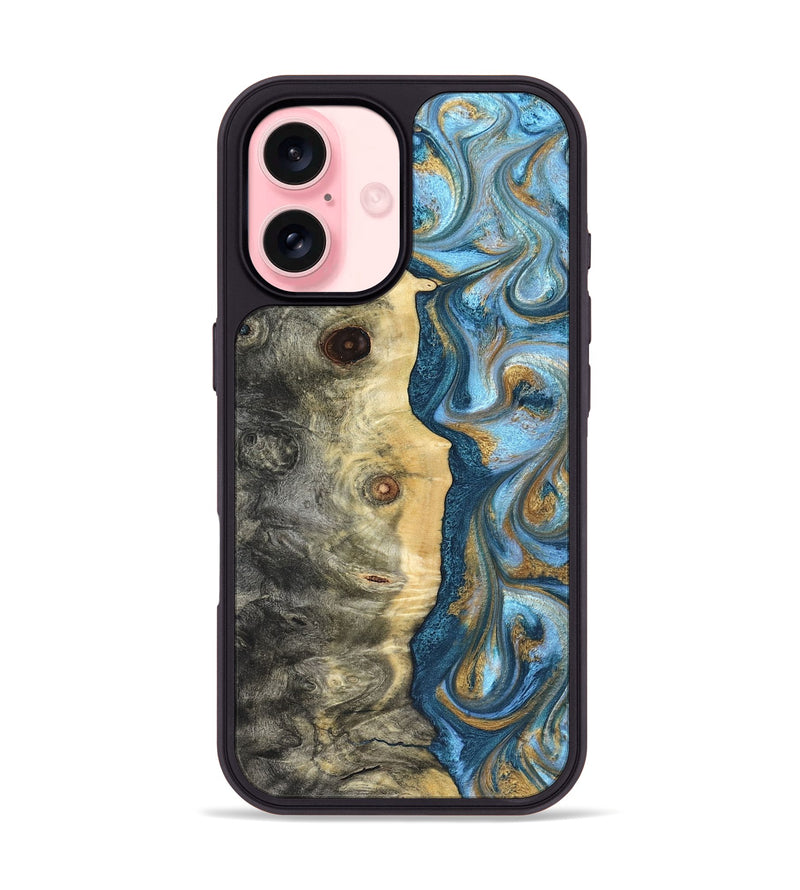 iPhone 16 Wood Phone Case - Galilea (Teal & Gold, 823782)