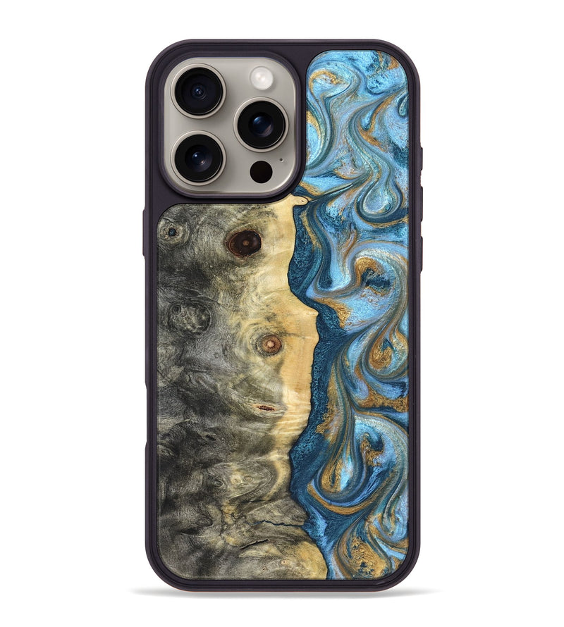 iPhone 16 Pro Max Wood Phone Case - Galilea (Teal & Gold, 823782)