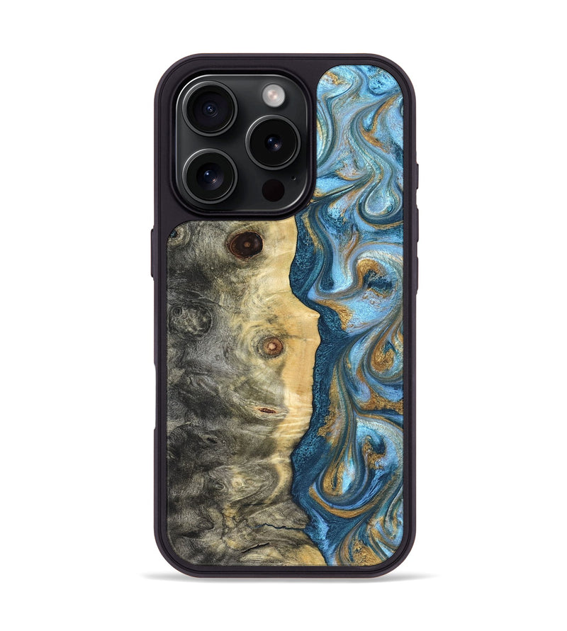 iPhone 16 Pro Wood Phone Case - Galilea (Teal & Gold, 823782)