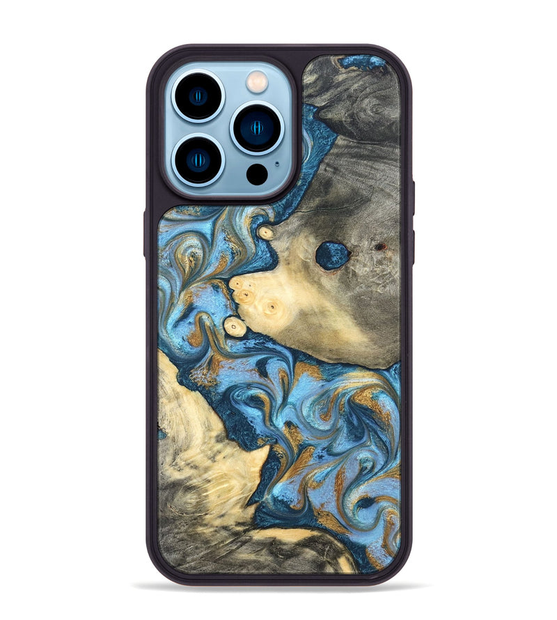 iPhone 14 Pro Max Wood Phone Case - Jess (Teal & Gold, 823948)