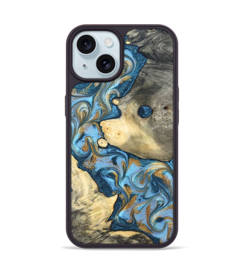 iPhone 15 Wood Phone Case - Jess (Teal & Gold, 823948)