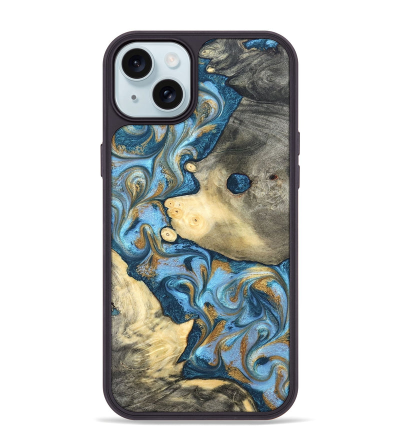 iPhone 15 Plus Wood Phone Case - Jess (Teal & Gold, 823948)