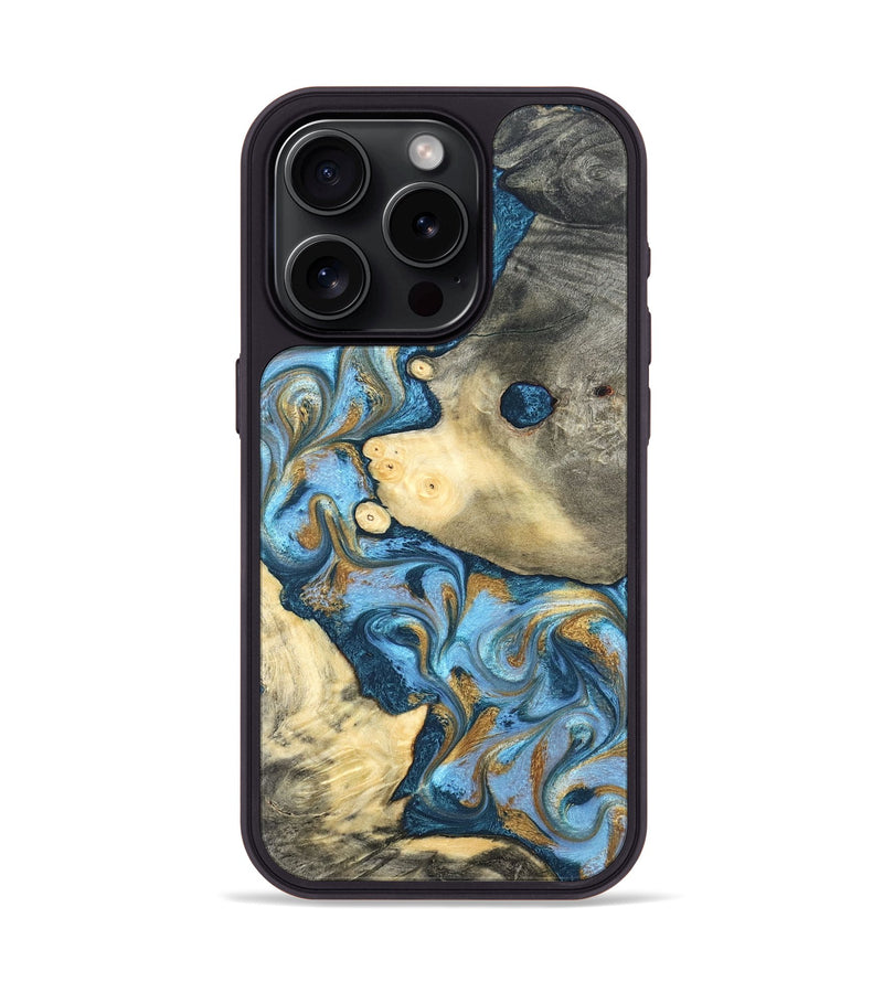 iPhone 15 Pro Wood Phone Case - Jess (Teal & Gold, 823948)