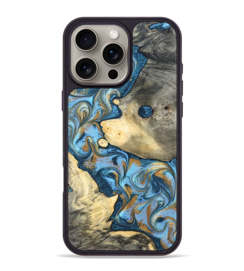 iPhone 16 Pro Max Wood Phone Case - Jess (Teal & Gold, 823948)