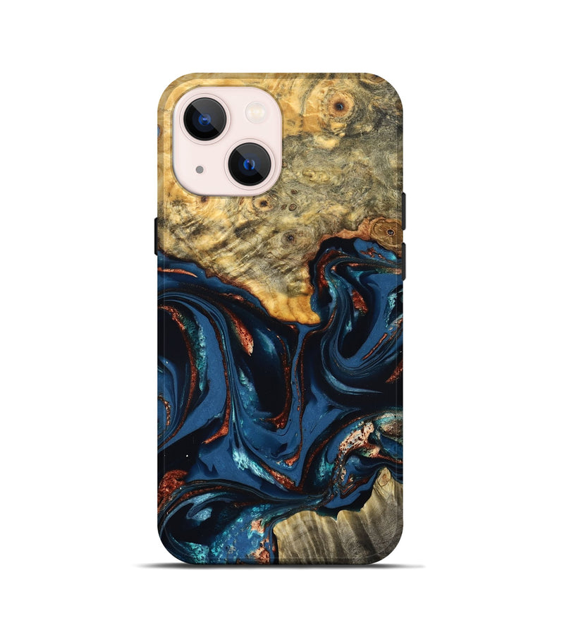 iPhone 13 mini Wood Live Edge Phone Case - Leyla (Teal & Gold, 823977)
