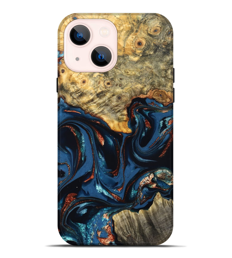 iPhone 14 Plus Wood Live Edge Phone Case - Leyla (Teal & Gold, 823977)