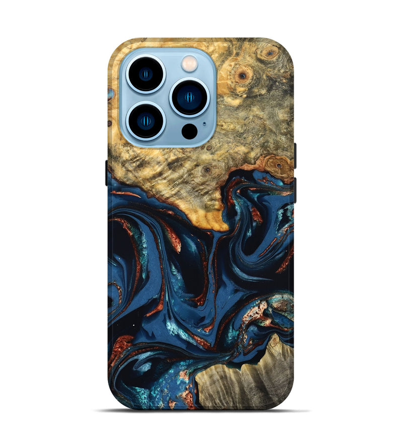 iPhone 14 Pro Wood Live Edge Phone Case - Leyla (Teal & Gold, 823977)