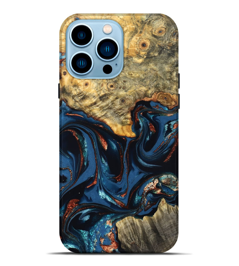iPhone 14 Pro Max Wood Live Edge Phone Case - Leyla (Teal & Gold, 823977)