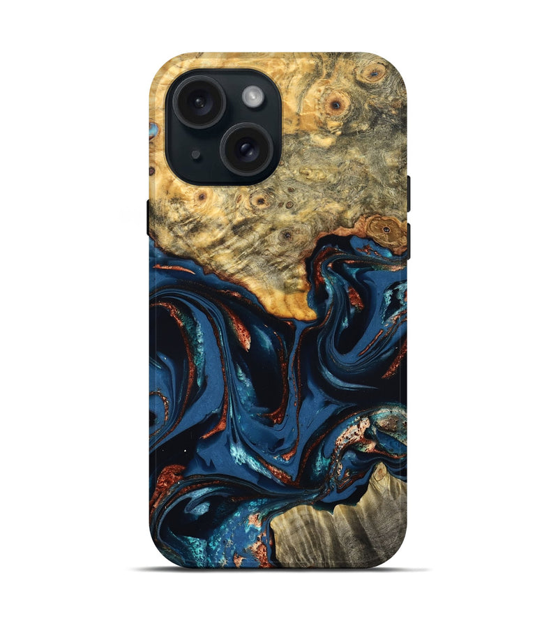 iPhone 15 Wood Live Edge Phone Case - Leyla (Teal & Gold, 823977)