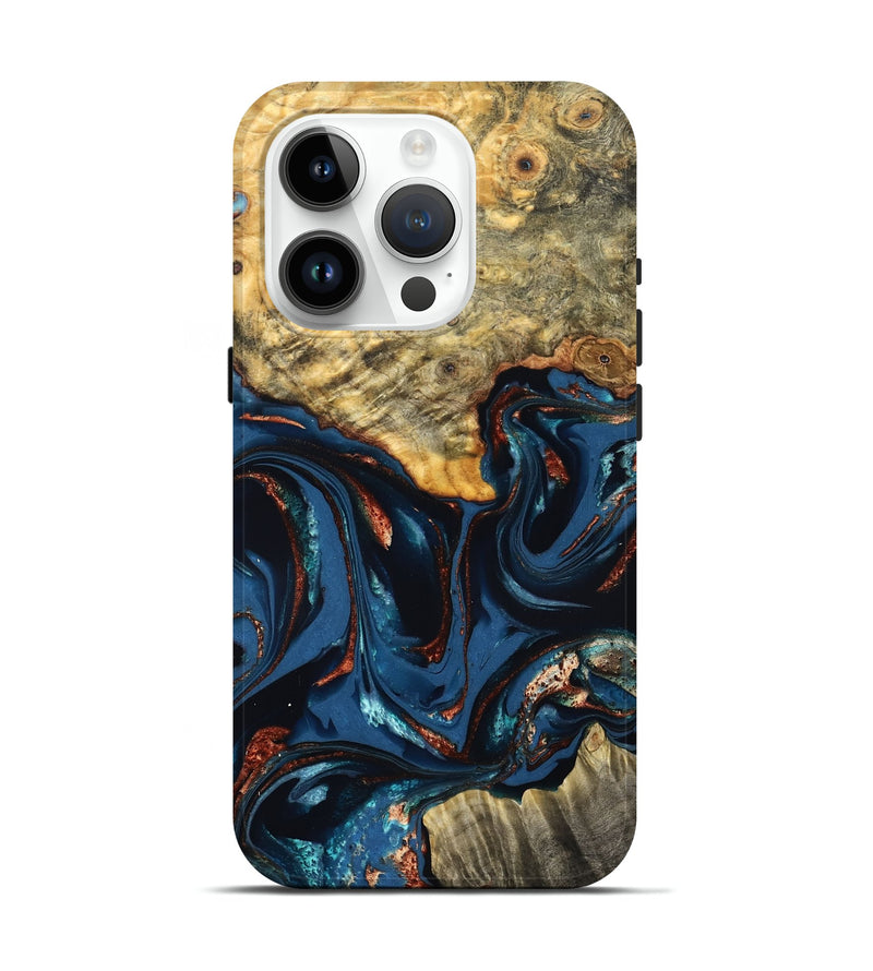 iPhone 15 Pro Wood Live Edge Phone Case - Leyla (Teal & Gold, 823977)