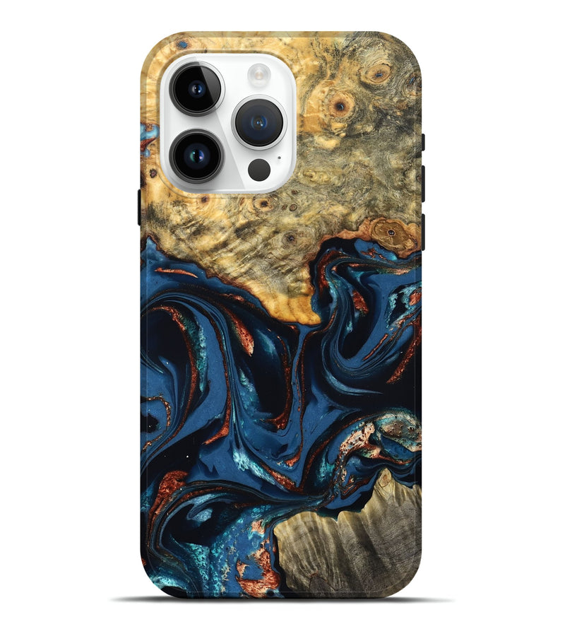 iPhone 15 Pro Max Wood Live Edge Phone Case - Leyla (Teal & Gold, 823977)