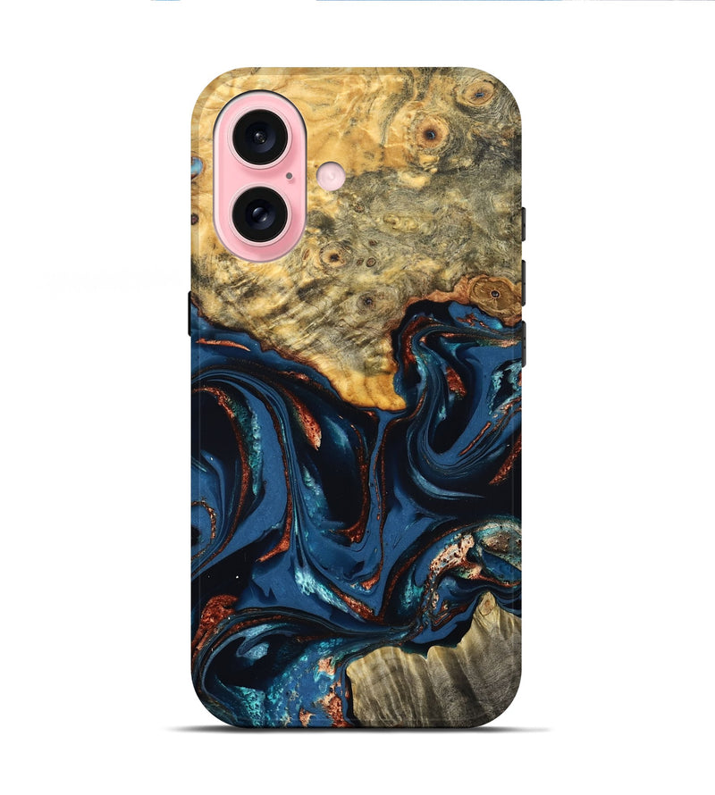 iPhone 16 Wood Live Edge Phone Case - Leyla (Teal & Gold, 823977)