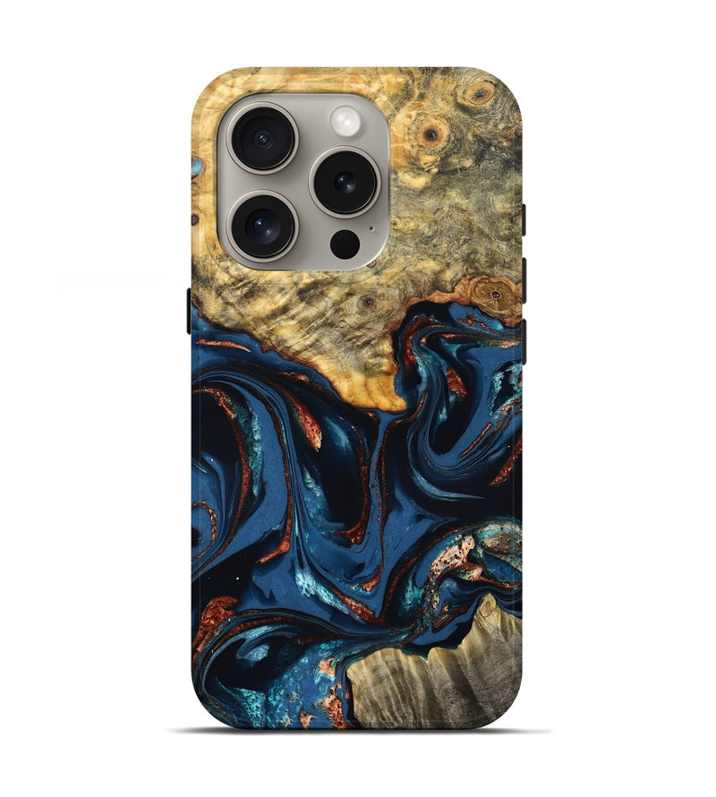 iPhone 16 Pro Wood Live Edge Phone Case - Leyla (Teal & Gold, 823977)