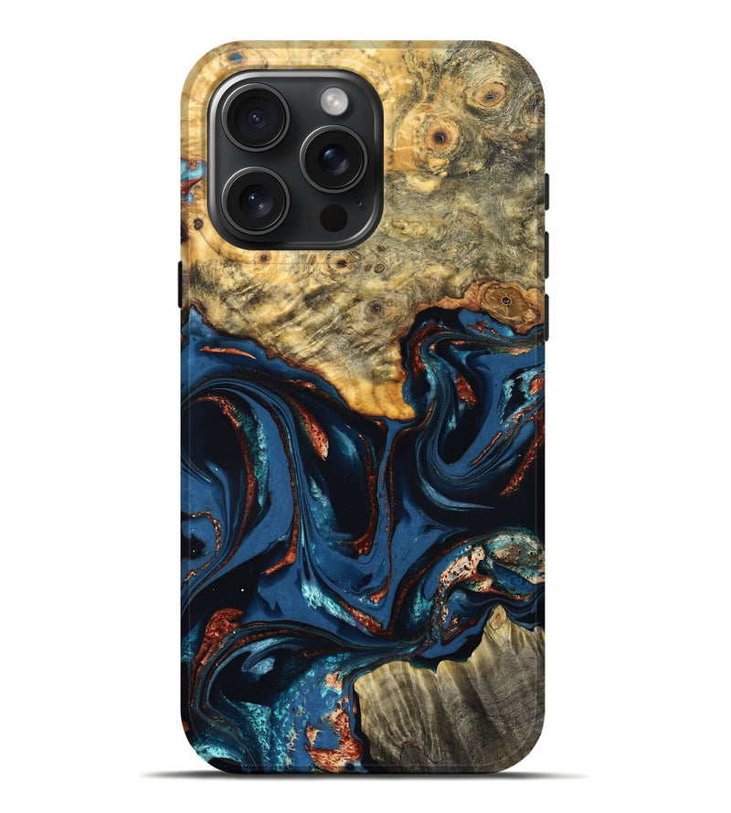 iPhone 16 Pro Max Wood Live Edge Phone Case - Leyla (Teal & Gold, 823977)