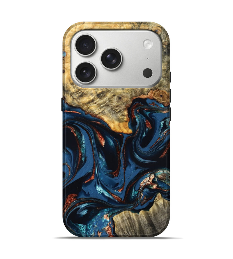 iPhone 17 Pro Wood Live Edge Phone Case - Leyla (Teal & Gold, 823977)