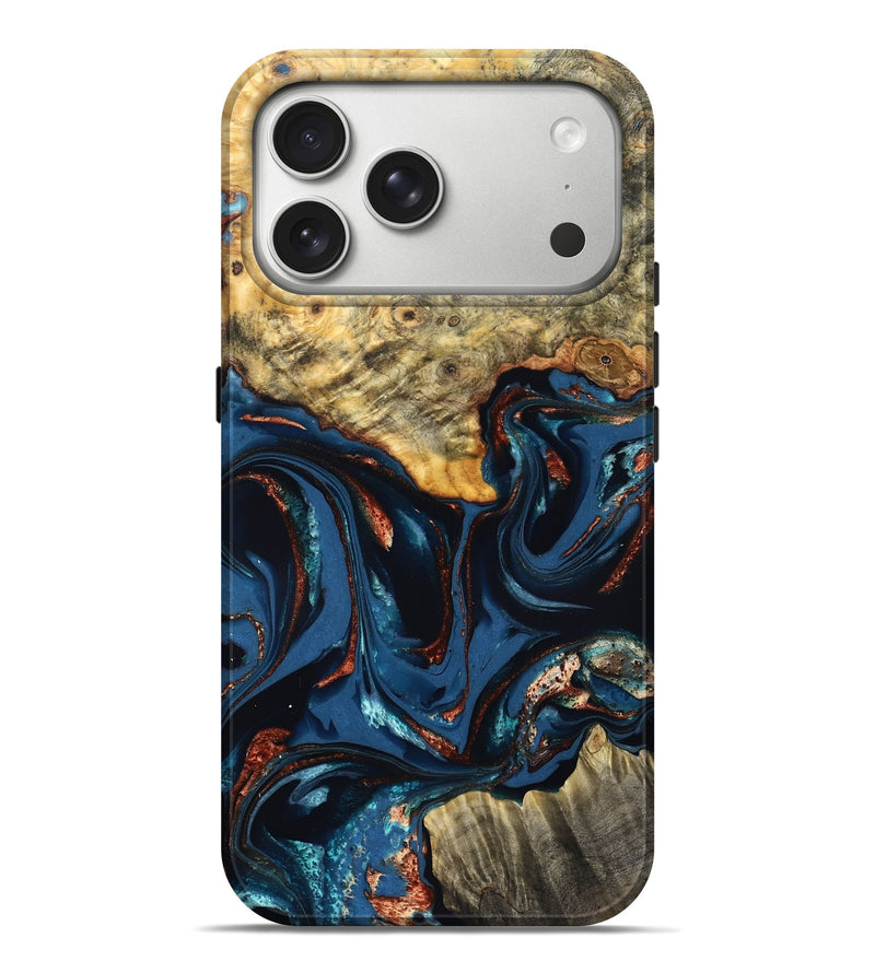 iPhone 17 Pro Max Wood Live Edge Phone Case - Leyla (Teal & Gold, 823977)