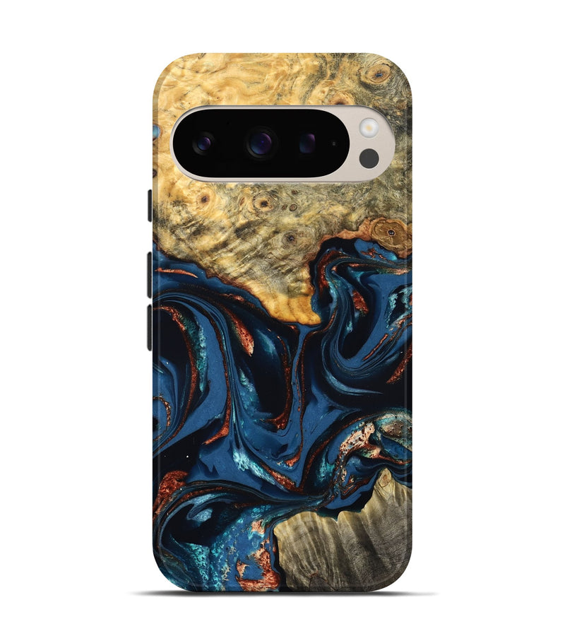 Pixel 9 Wood Live Edge Phone Case - Leyla (Teal & Gold, 823977)