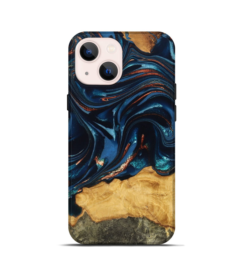 iPhone 13 mini Wood Live Edge Phone Case - Roland (Teal & Gold, 824004)