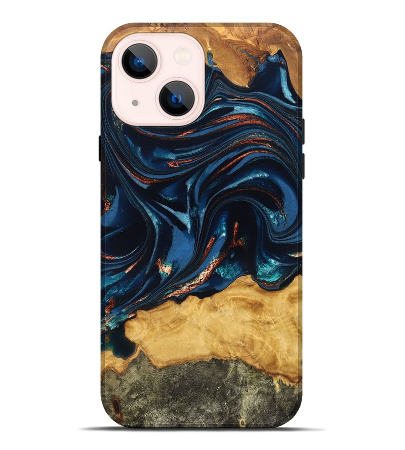 iPhone 14 Plus Wood Live Edge Phone Case - Roland (Teal & Gold, 824004)
