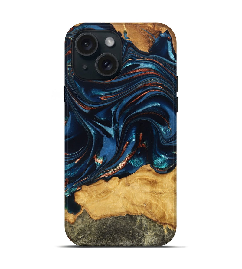iPhone 15 Wood Live Edge Phone Case - Roland (Teal & Gold, 824004)