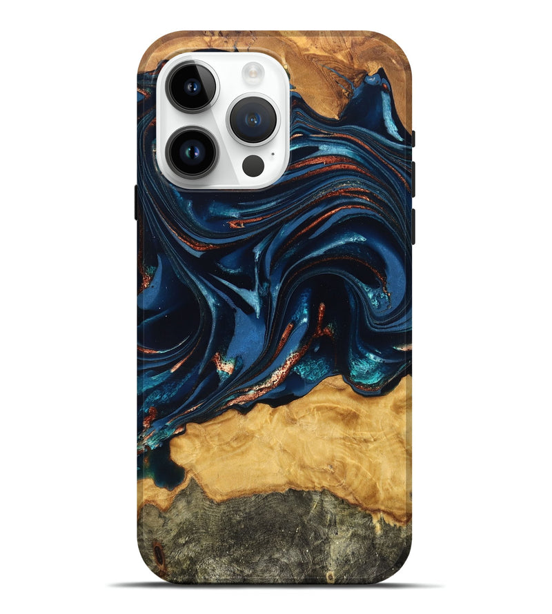 iPhone 15 Pro Max Wood Live Edge Phone Case - Roland (Teal & Gold, 824004)