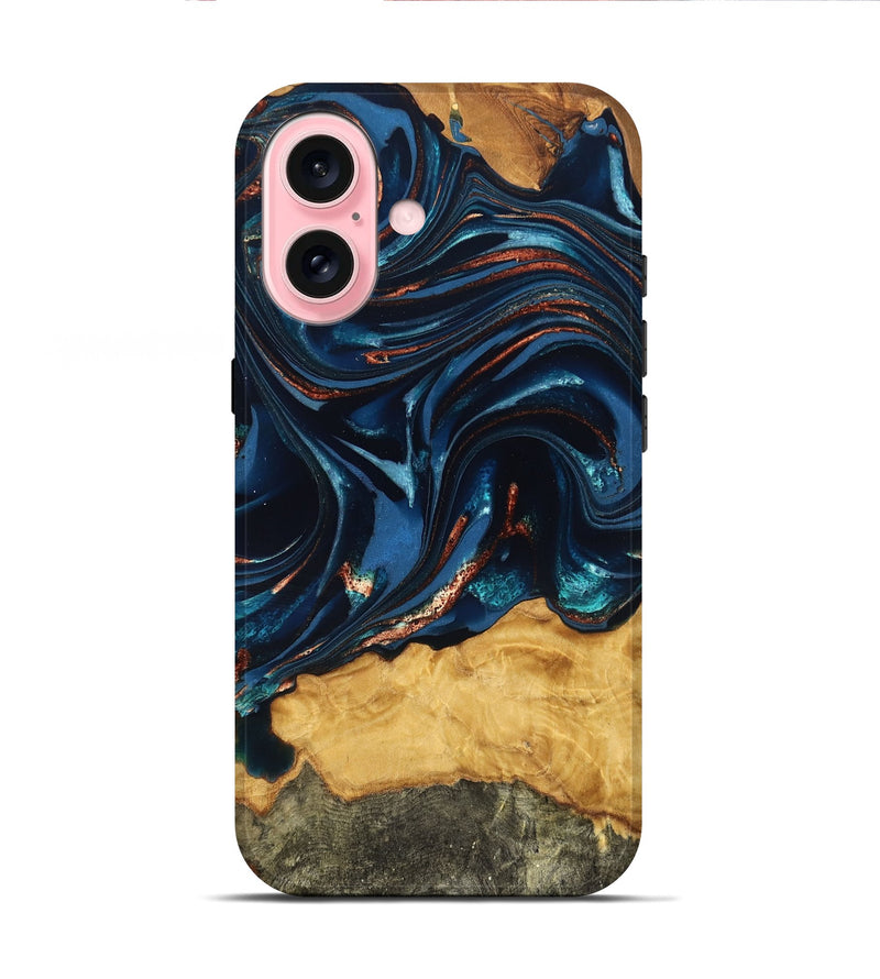iPhone 16 Wood Live Edge Phone Case - Roland (Teal & Gold, 824004)